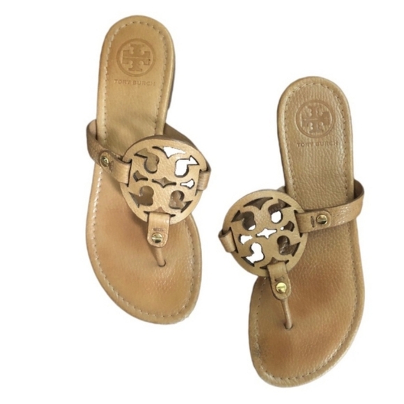 Tory Burch Miller Royal Tan Tumbled Leather Sandals - Picture 1 of 14
